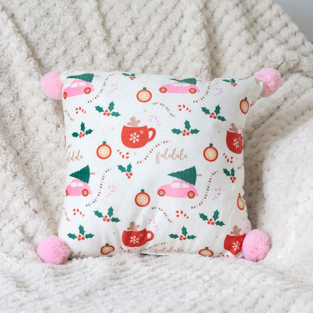 Festive “Fa La La” Christmas Cushion with Pom Poms
