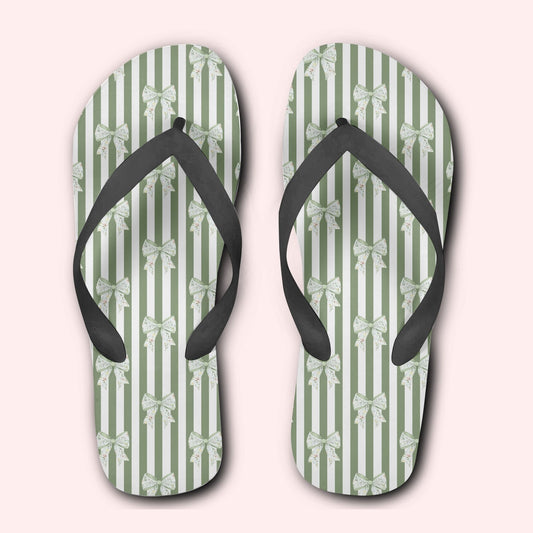 Women's Green Stripe Flip Flops with Cute Bow Print – Stylish Summer Sandals
