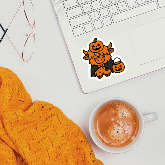 Cute Halloween Cow Sticker – Pumpkin Vinyl Decal