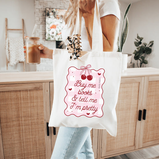 "Buy Me Books & Tell Me I’m Pretty" Aesthetic Canvas Tote Bag – Cute Cherry Design, Book Lover Gift, Eco-Friendly Shopper