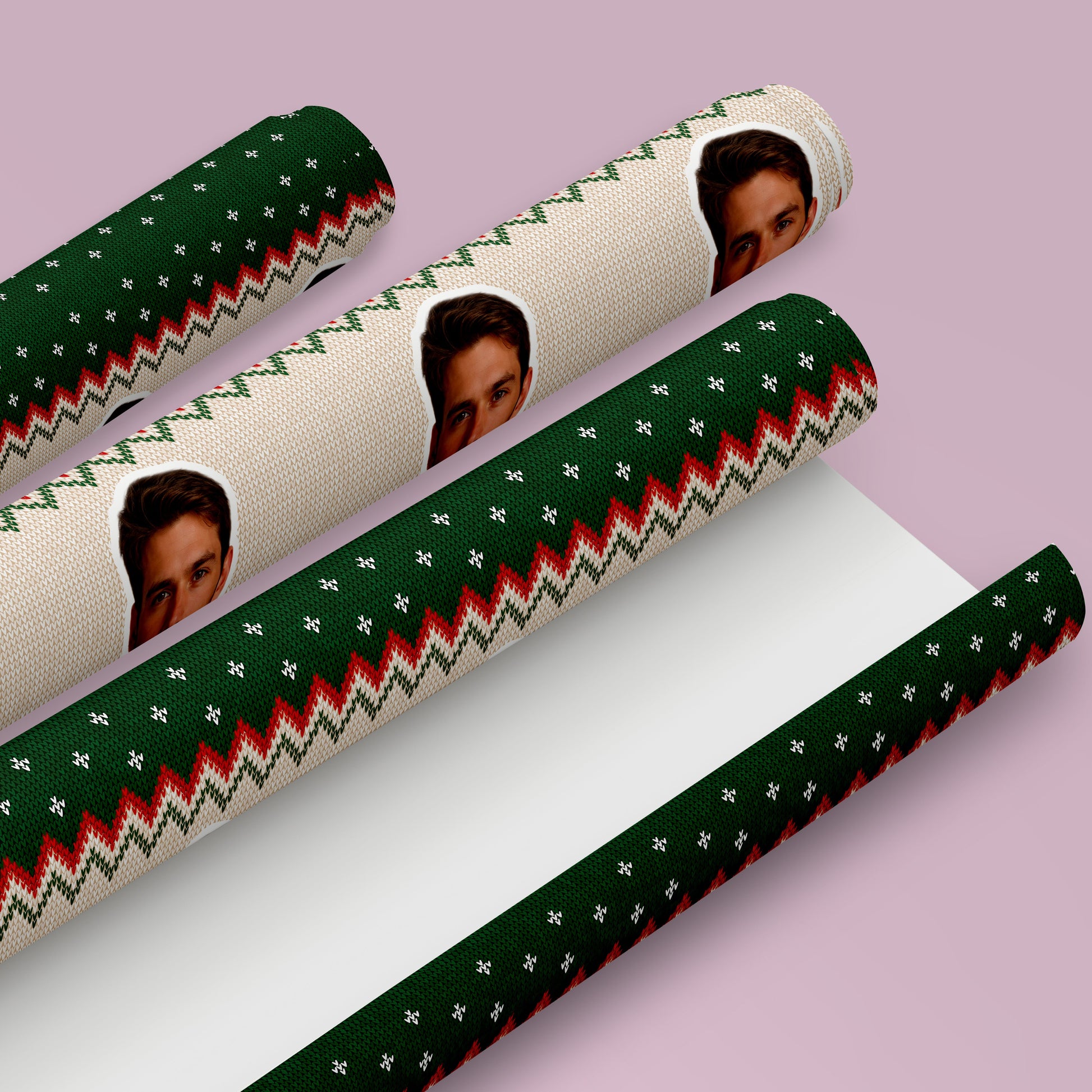 Personalised face Christmas wrapping paper featuring a custom photo on a festive Christmas jumper pattern gift wrap design.