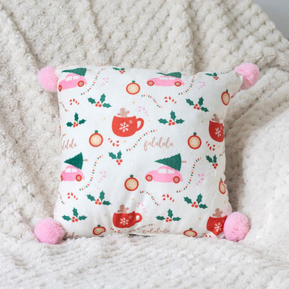 Festive “Fa La La” Christmas Cushion with Pom Poms