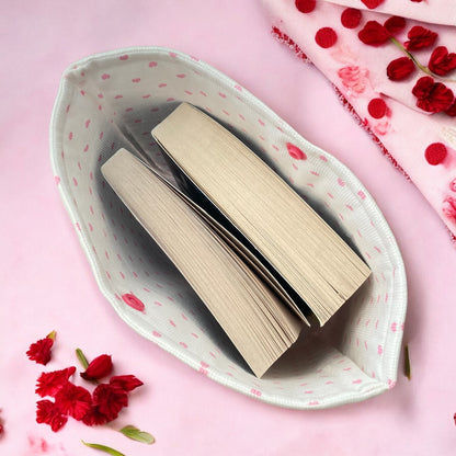 Pink Heart Print Cotton Book Pouch