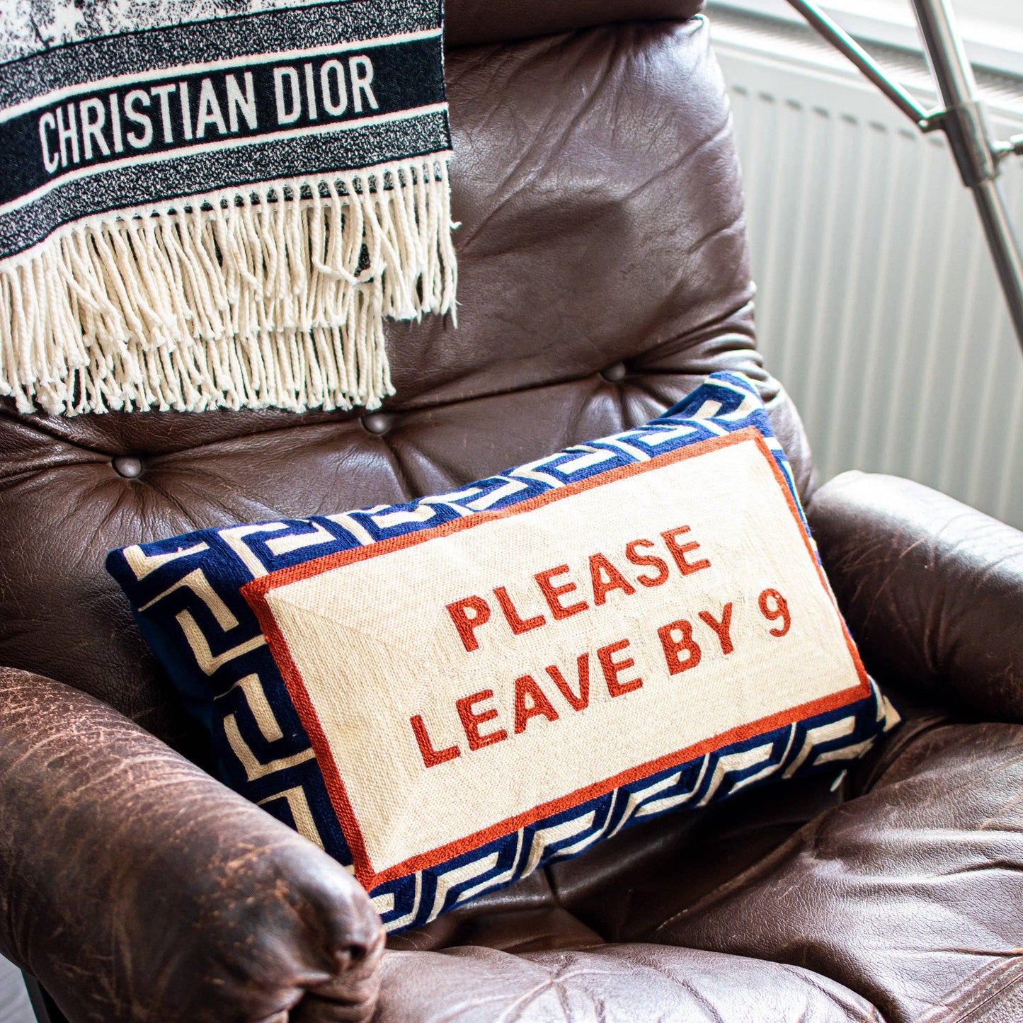Please Leave By 9 Needlepoint Cushion