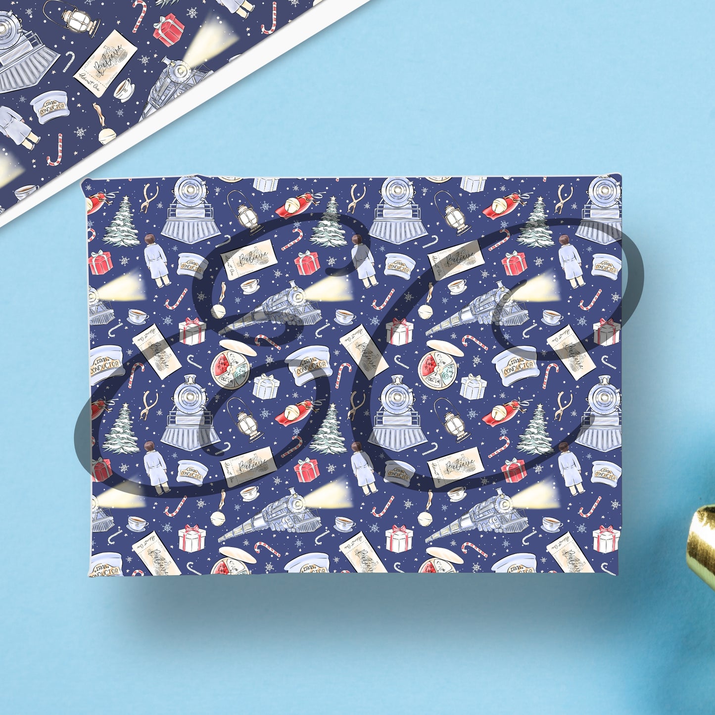 Blue patterned gift bag with festive design on a blue background