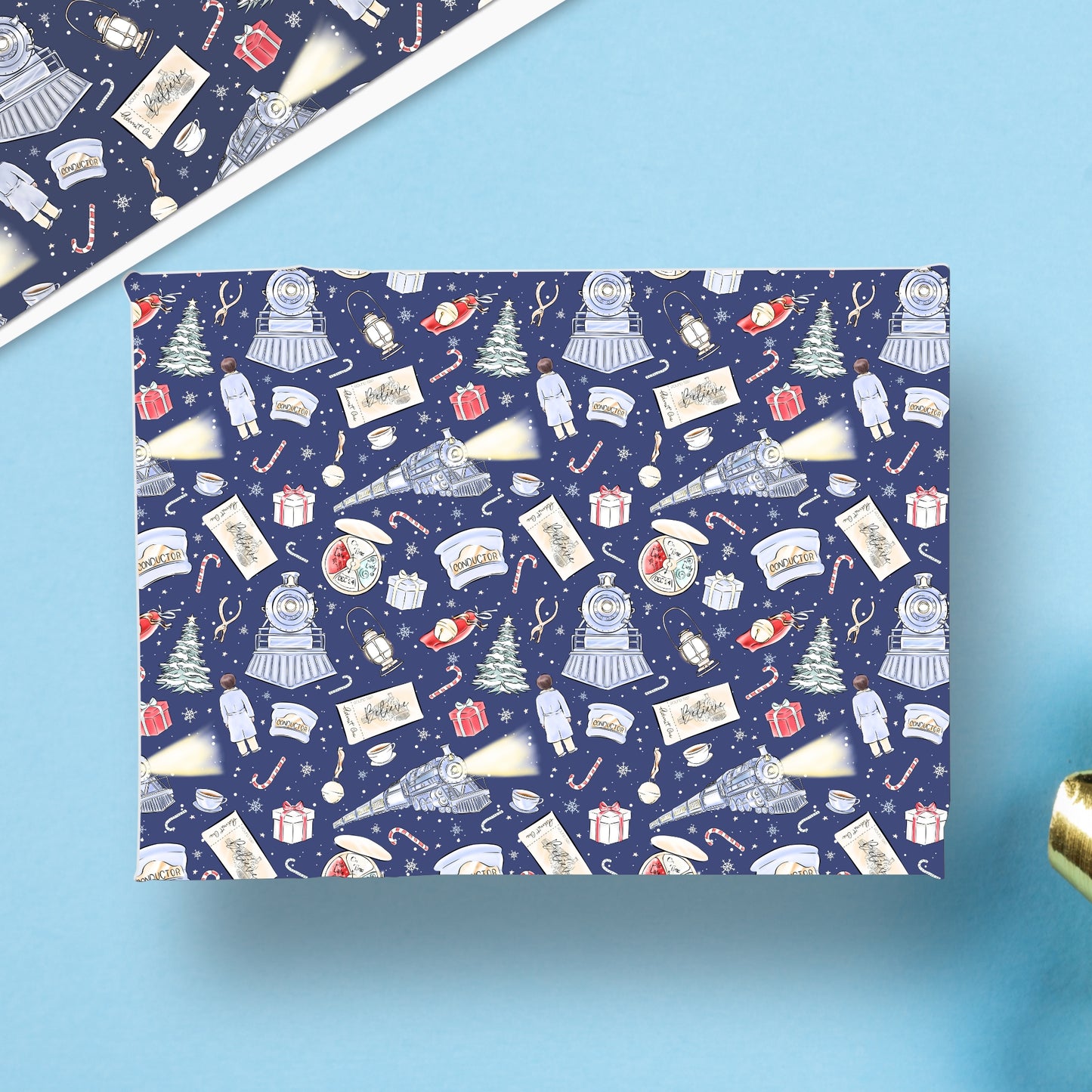 Navy blue wrapping paper with vintage-themed illustrations on a light blue background