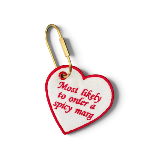 Cute heart bag tag featuring “Most Likely to Order a Spicy Marg”, perfect for margarita lovers, holidays and girls’ trips